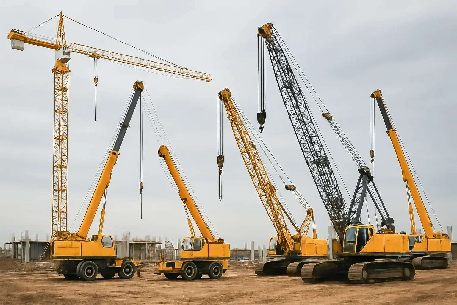 Different types of cranes at an Indian construction site
