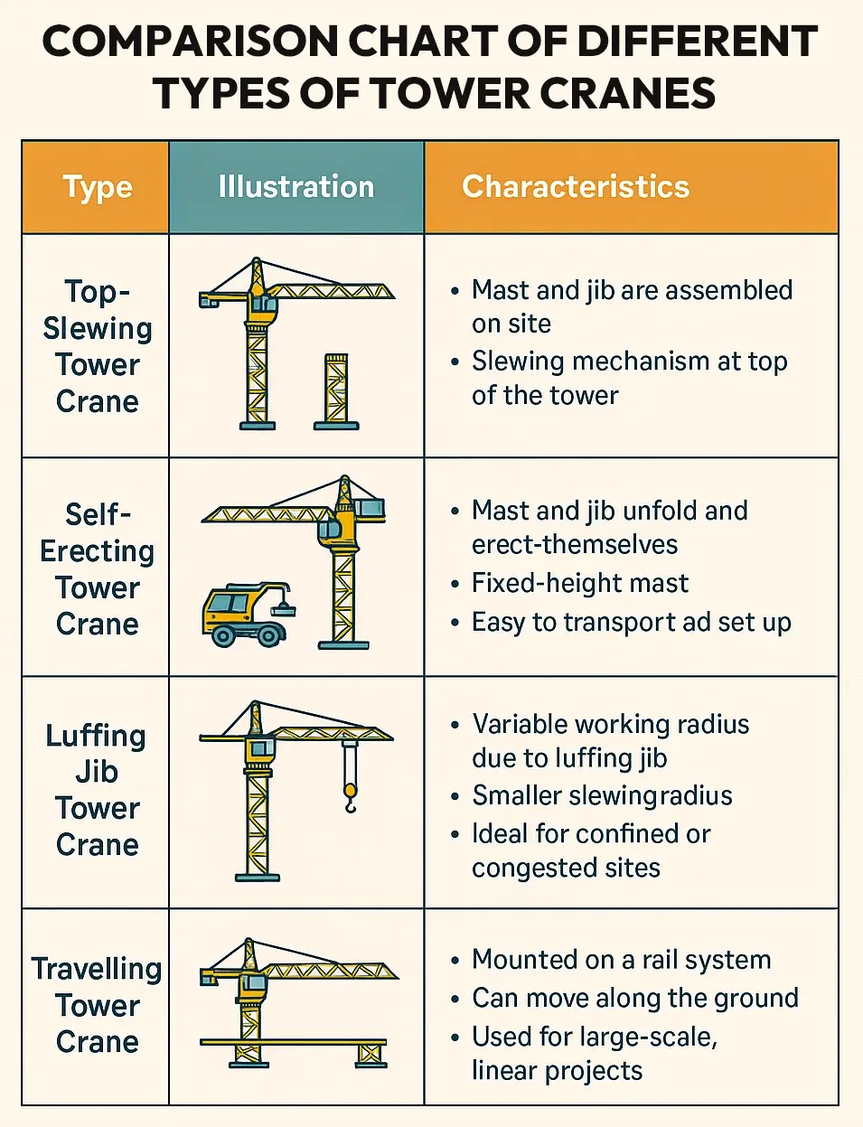 comparing luffing jib, hammerhead, and flat-top tower cranes based on site usage.