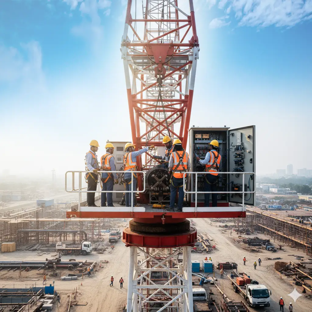 Crane repair team resolving breakdown at industrial shutdown site in Chennai