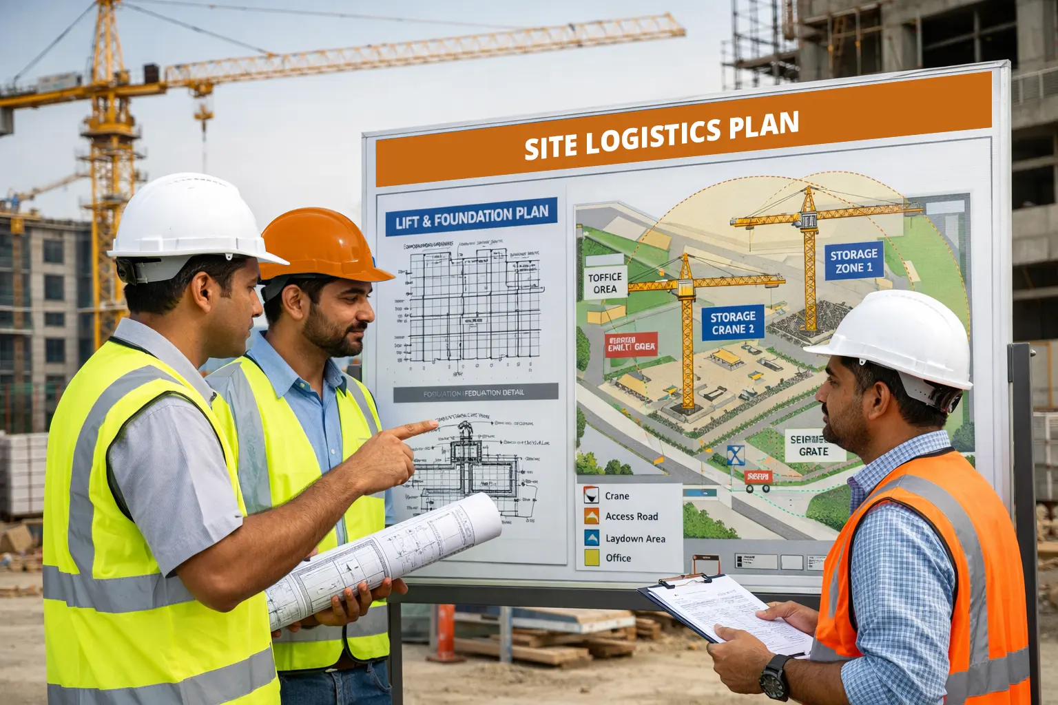 epc engineers reviewing tower crane foundation and zoning plan