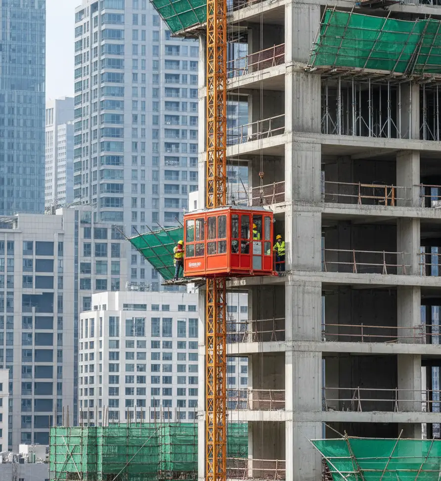 Passenger hoist rental system operating on high-rise construction site