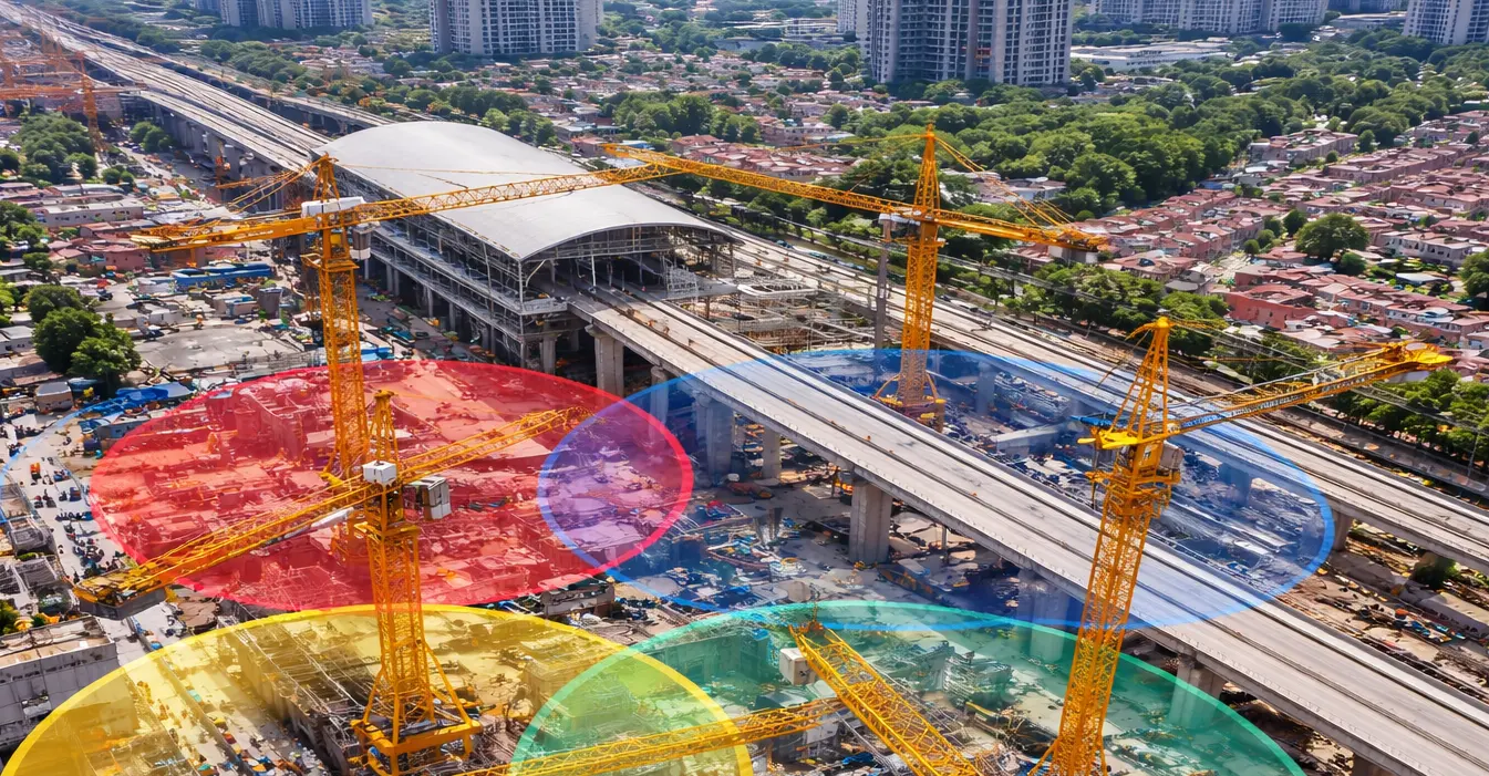 tower and luffing cranes operating in dense urban construction site