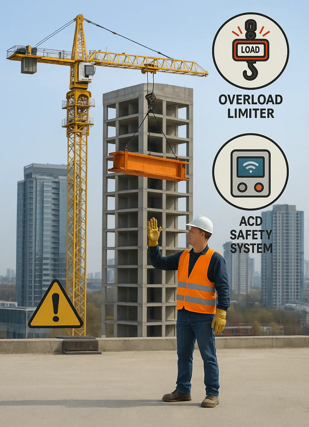 Crane safety system combining overload limiter and anti-collision device on high-rise building