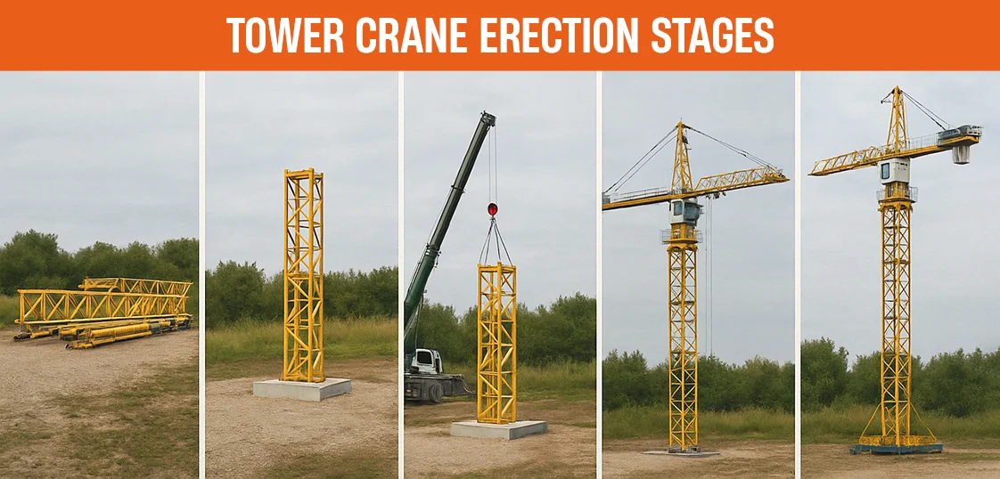 Step-by-step tower crane erection stages