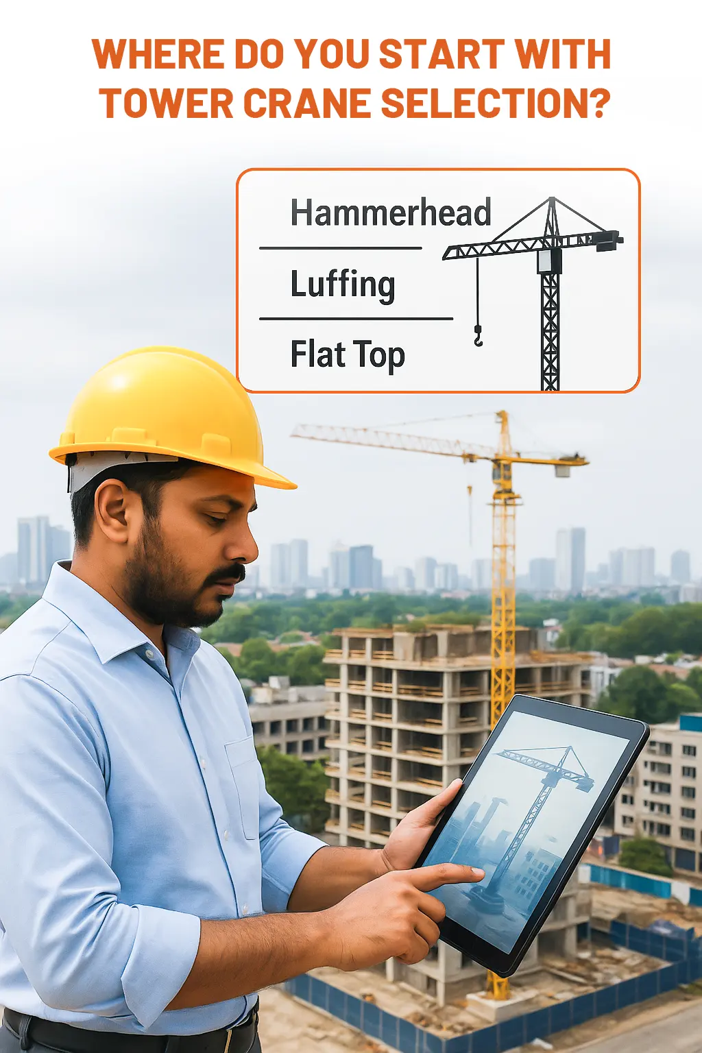 Site engineer visualizing tower crane selection